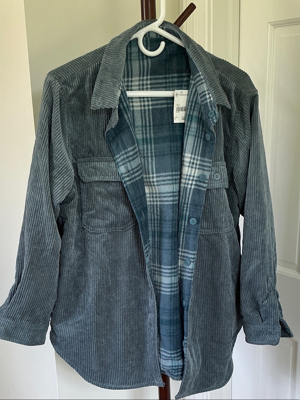 Love Tree Reversible Plaid Corduroy Shacket in Slate Blue